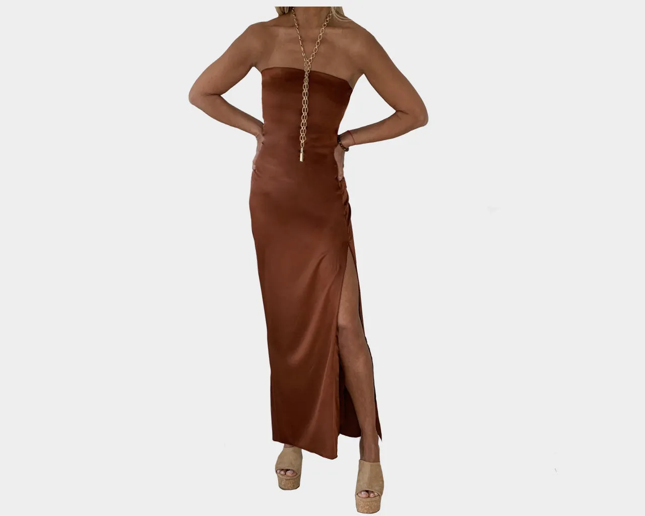 88 Warm Hue Burnt Orange  Strapless Slit Dress - The Capri