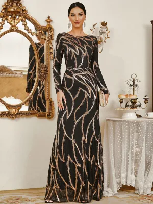 A-Line Long Sleeve Sequin Black Evening Dress XJ1962