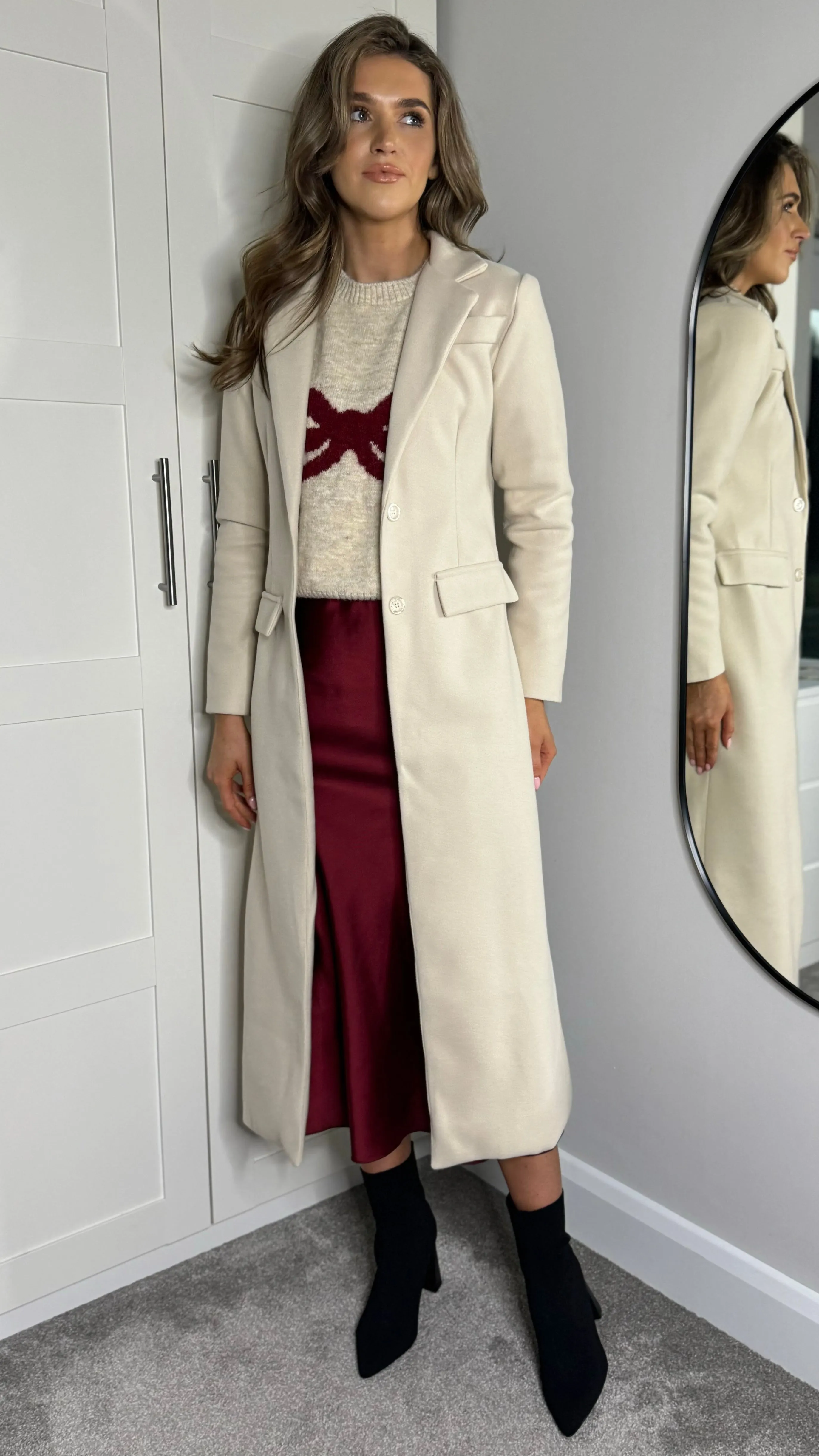 Alexia Beige Collared Midi Length Coat