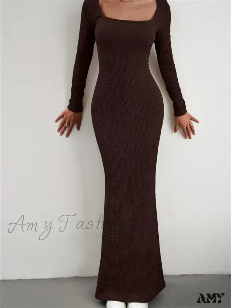 Amy Fashion - Elegant Women Knitted   Sleeve Square Neck Solid Slim Fit Spring Autumn Cocktail Female Vestidos