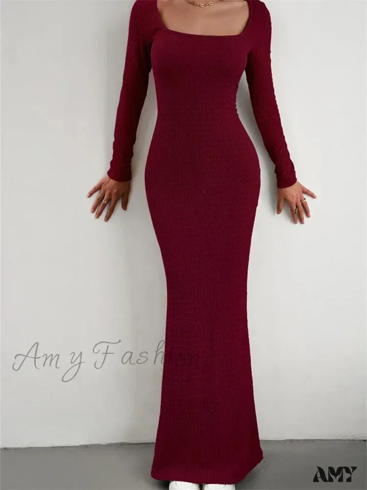 Amy Fashion - Elegant Women Knitted   Sleeve Square Neck Solid Slim Fit Spring Autumn Cocktail Female Vestidos