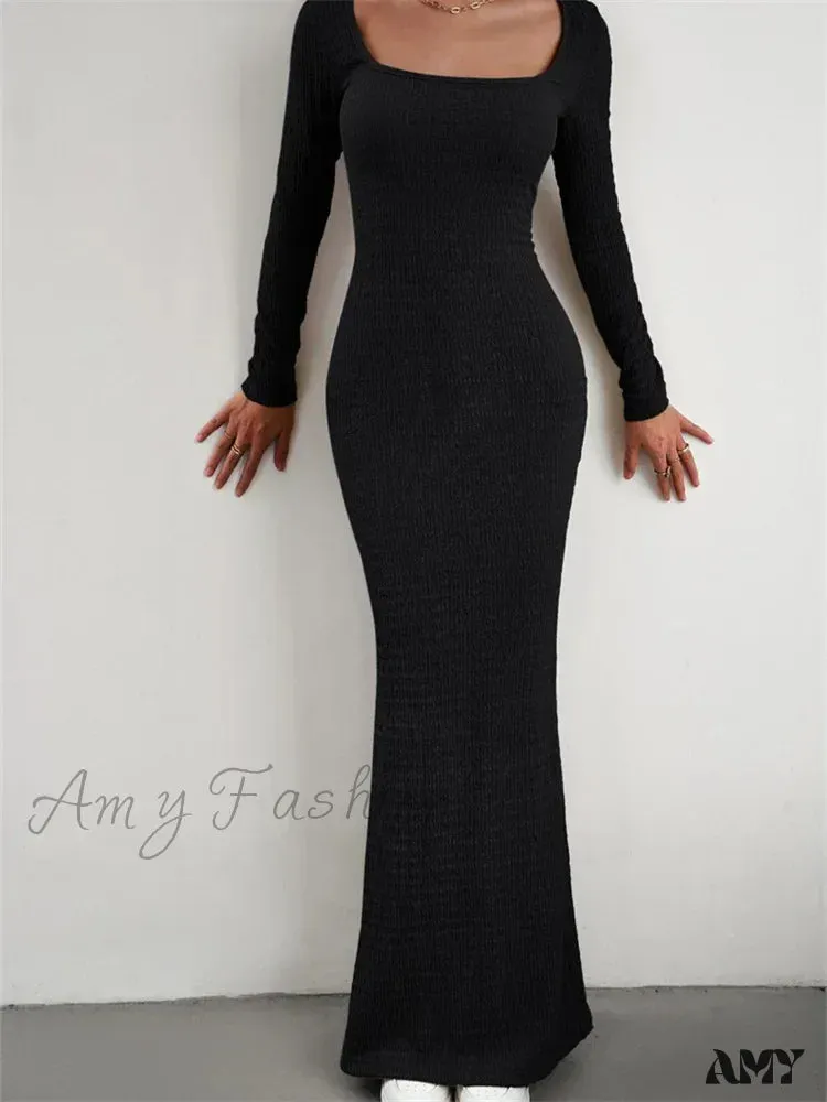 Amy Fashion - Elegant Women Knitted   Sleeve Square Neck Solid Slim Fit Spring Autumn Cocktail Female Vestidos