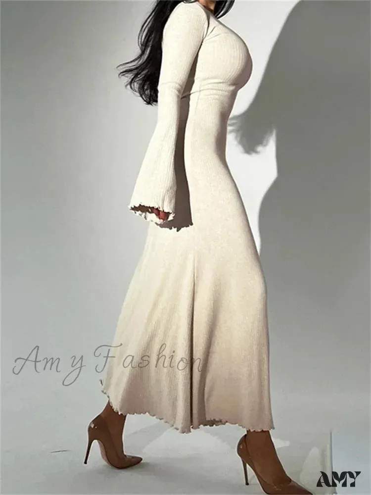 Amy Fashion - Elegant Women Ribbed   Sleeve Square Neck Solid Slim Fit Fall Party Vestido Streetwear