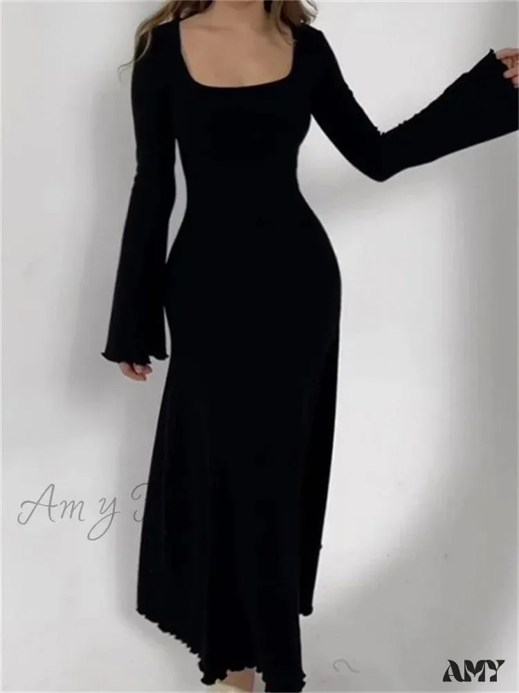 Amy Fashion - Elegant Women Ribbed   Sleeve Square Neck Solid Slim Fit Fall Party Vestido Streetwear