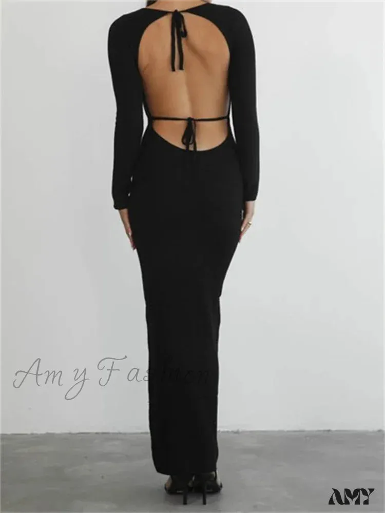 Amy Fashion - Elegant Women Round Neck Party  Solid Color  Sleeve Backless Tie Up Party Female Vestidos