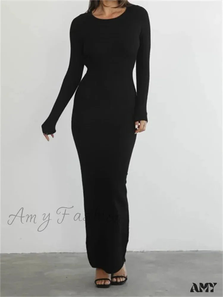 Amy Fashion - Elegant Women Round Neck Party  Solid Color  Sleeve Backless Tie Up Party Female Vestidos