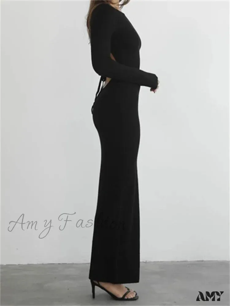 Amy Fashion - Elegant Women Round Neck Party  Solid Color  Sleeve Backless Tie Up Party Female Vestidos