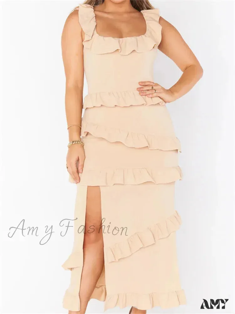 Amy Fashion - Elegant Women Sleeveless Strap Ruffle Sling   Square Neck Summer Beach Side Split Party Evening Vestido