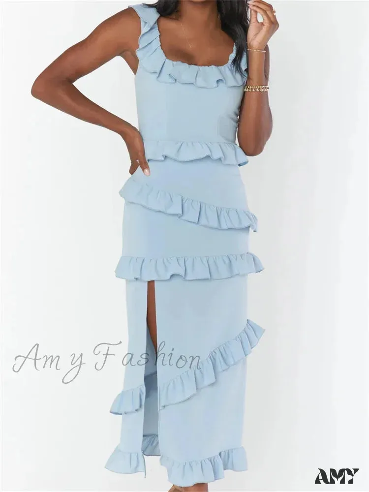 Amy Fashion - Elegant Women Sleeveless Strap Ruffle Sling   Square Neck Summer Beach Side Split Party Evening Vestido