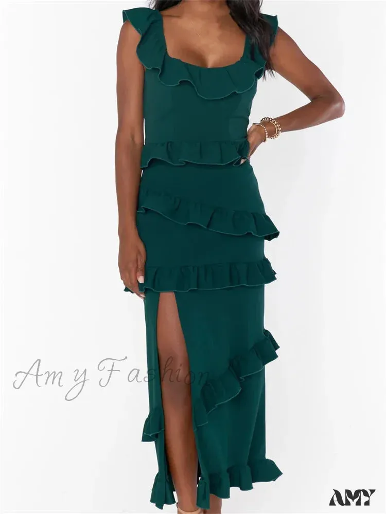 Amy Fashion - Elegant Women Sleeveless Strap Ruffle Sling   Square Neck Summer Beach Side Split Party Evening Vestido