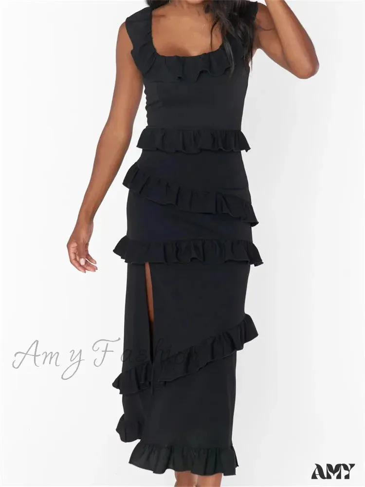 Amy Fashion - Elegant Women Sleeveless Strap Ruffle Sling   Square Neck Summer Beach Side Split Party Evening Vestido