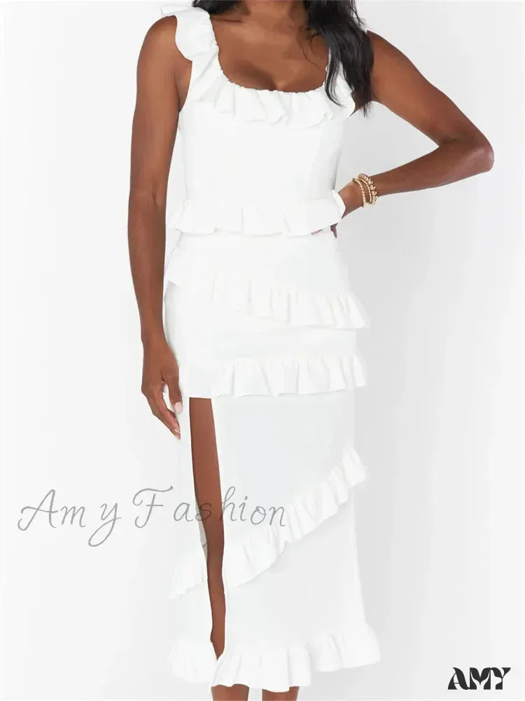 Amy Fashion - Elegant Women Sleeveless Strap Ruffle Sling   Square Neck Summer Beach Side Split Party Evening Vestido