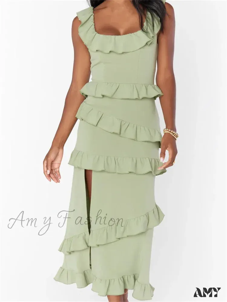 Amy Fashion - Elegant Women Sleeveless Strap Ruffle Sling   Square Neck Summer Beach Side Split Party Evening Vestido