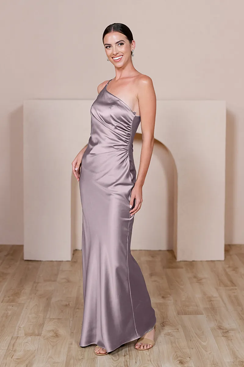 B4148 - One Shoulder Simple Ruched Satin Sheath Long Bridesmaid Dress With Slit