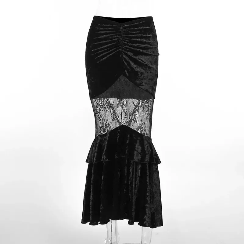 Black Fairy Grunge Gothic Velvet Lace Stitching Fishtail Skirt