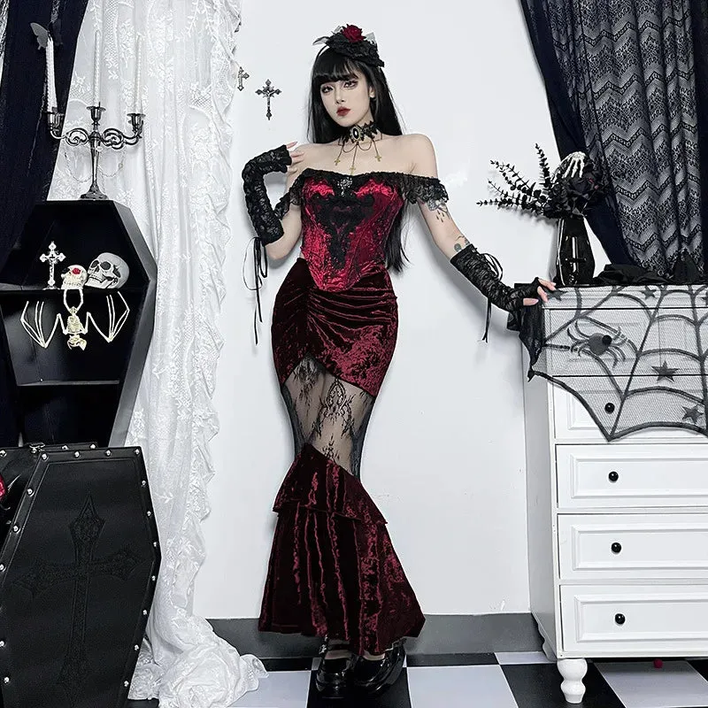 Black Fairy Grunge Gothic Velvet Lace Stitching Fishtail Skirt