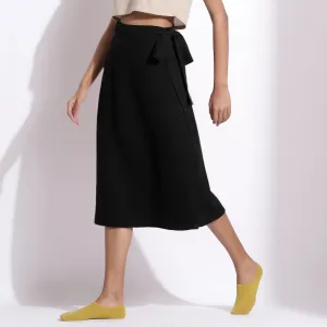 Black Warm Cotton Waffle Midi Wrap Skirt