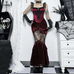 Black Women Velvet Fall Fishtail Lace Stitching Grunge Gothic Sexy Fairy Skirt