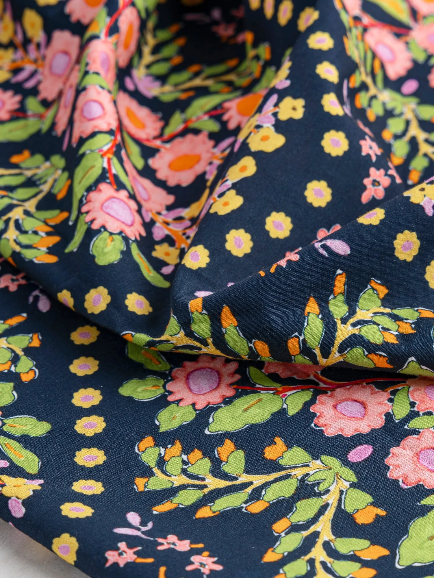 Block Print Floral Cotton Poplin - Navy   Pink   Green   Yellow - Swatch