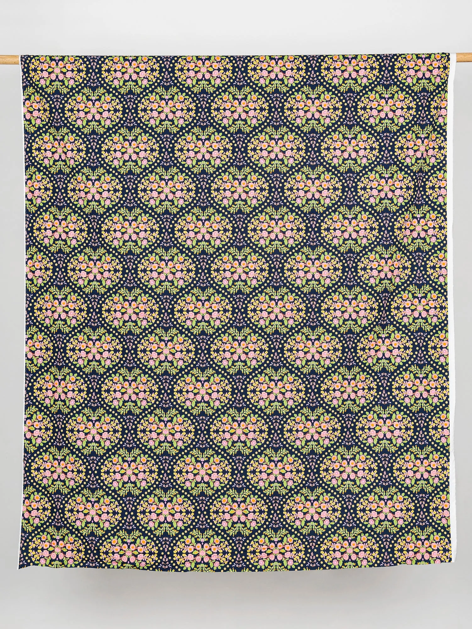 Block Print Floral Cotton Poplin - Navy   Pink   Green   Yellow - Swatch