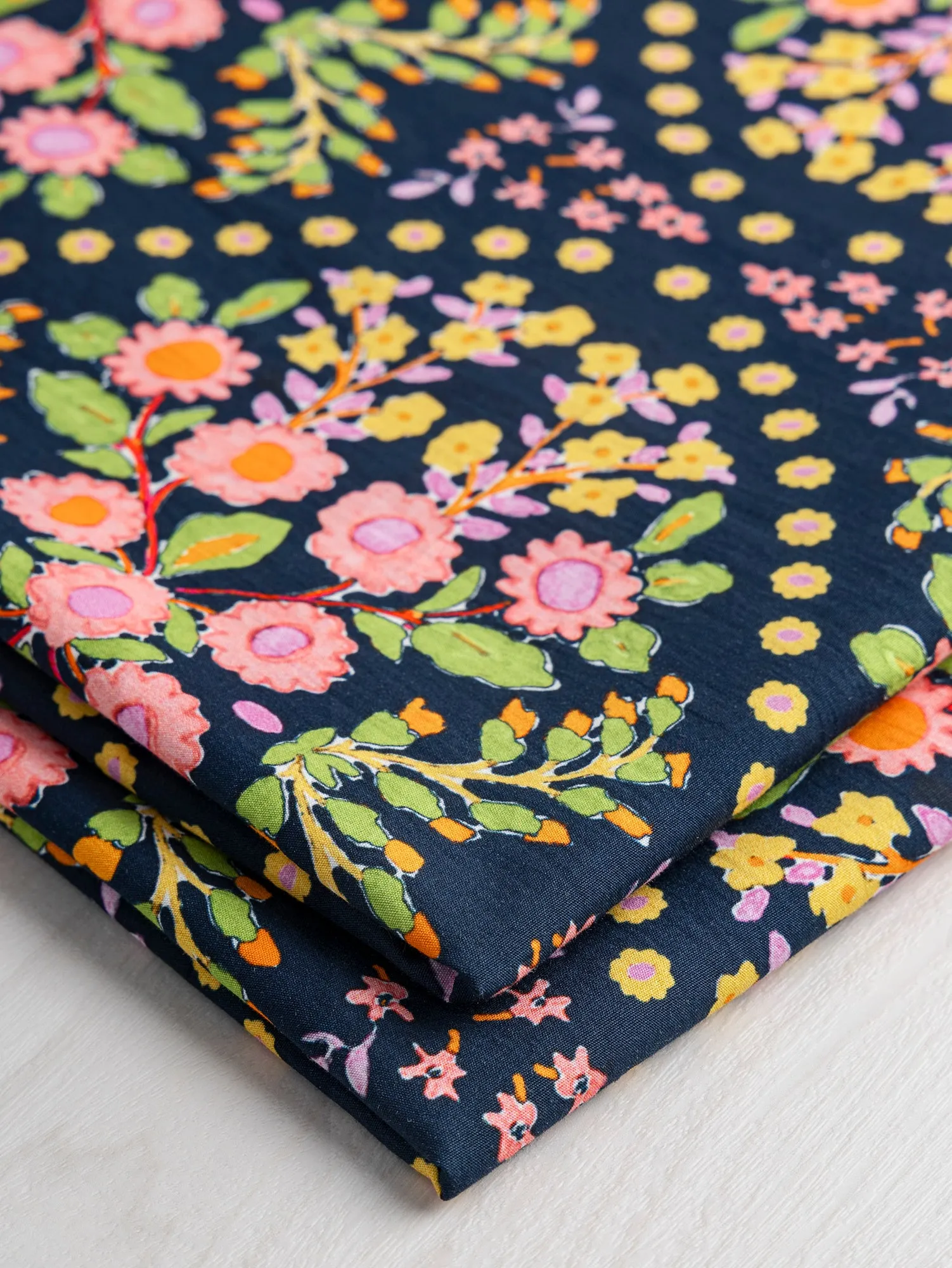 Block Print Floral Cotton Poplin - Navy   Pink   Green   Yellow - Swatch