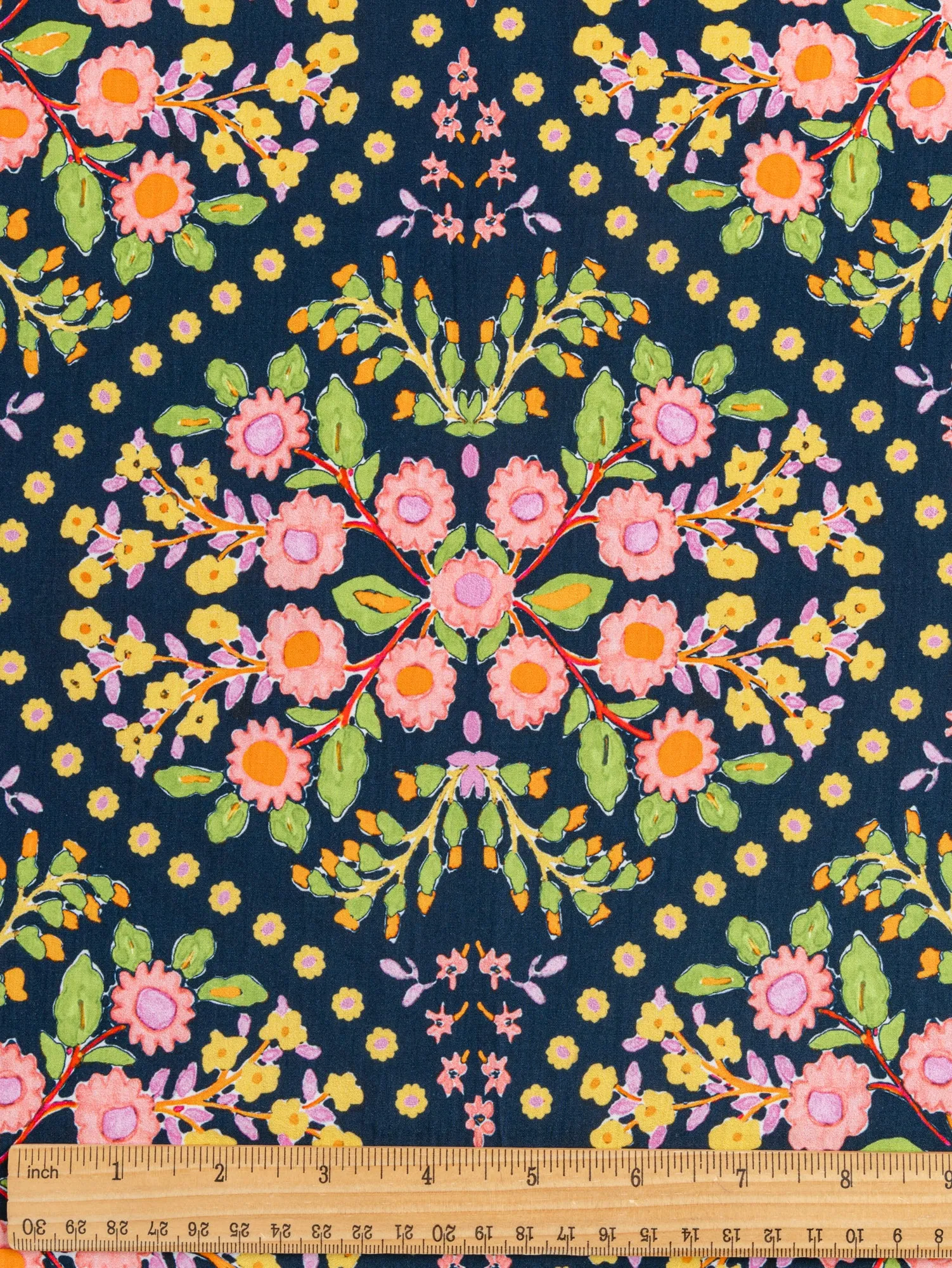 Block Print Floral Cotton Poplin - Navy   Pink   Green   Yellow - Swatch