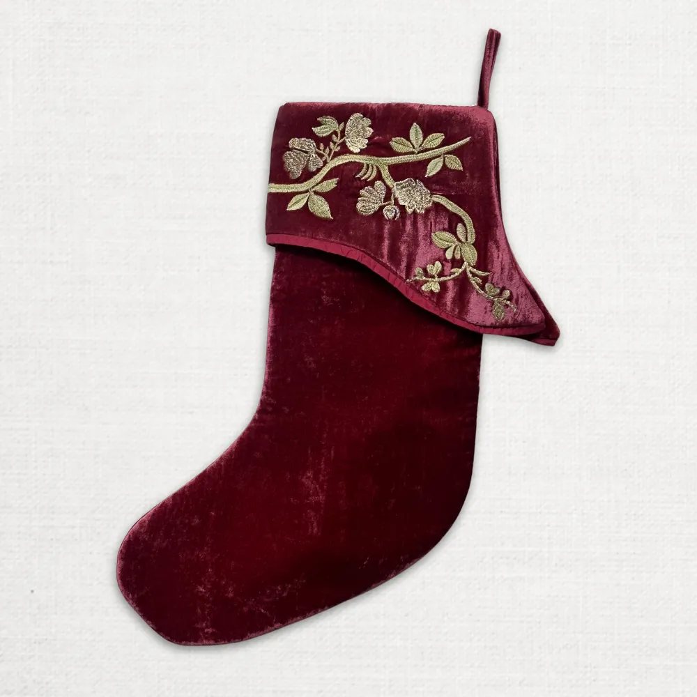 Blossom Embroidered Silk Velvet Holiday Stocking in Wine