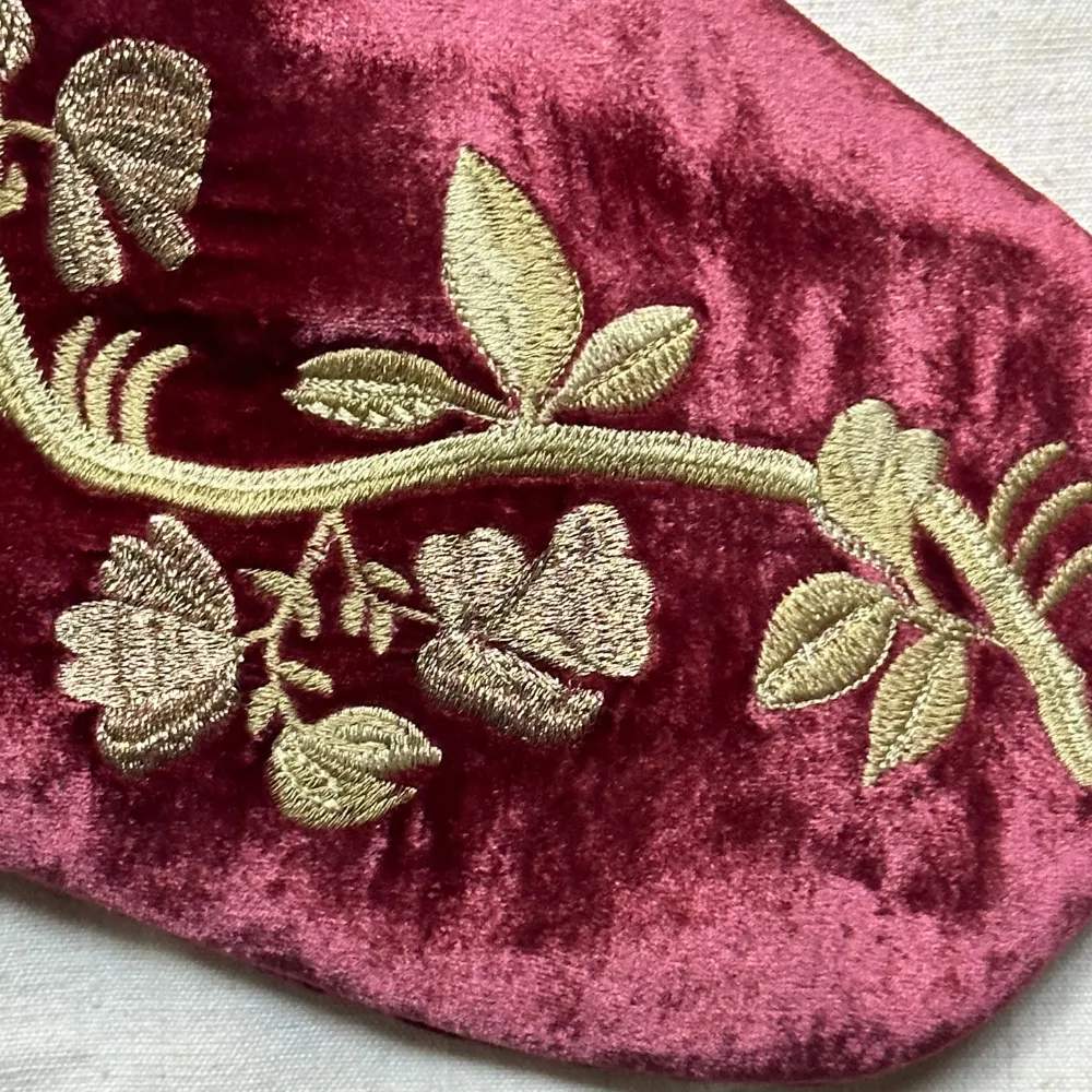 Blossom Embroidered Silk Velvet Holiday Stocking in Wine