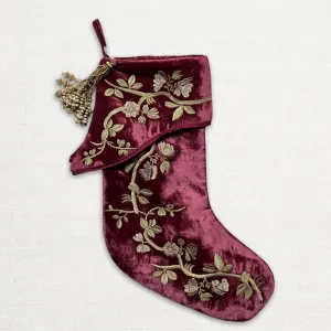 Blossom Embroidered Silk Velvet Holiday Stocking in Wine