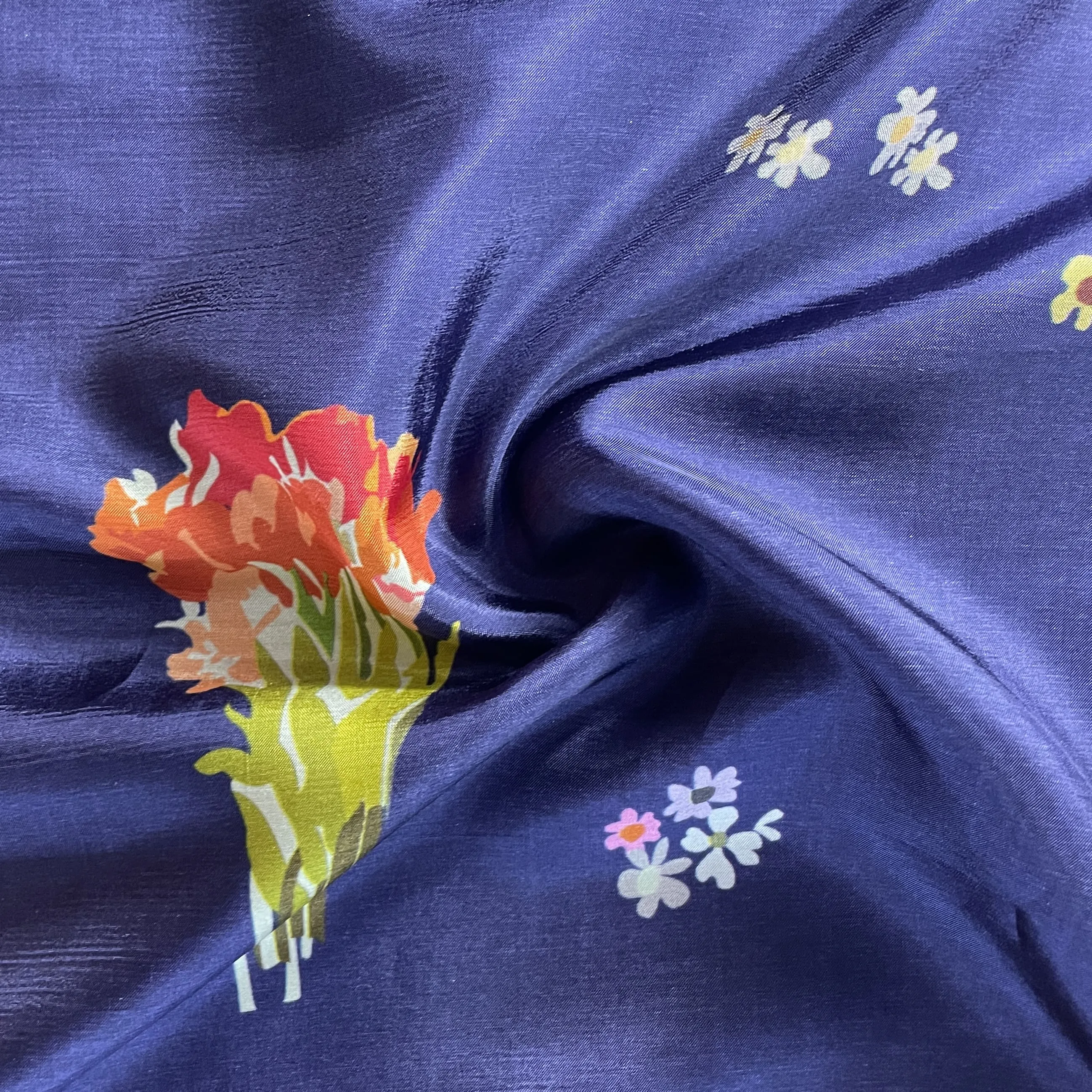 Blue Floral Print Upada Silk Fabric 19618