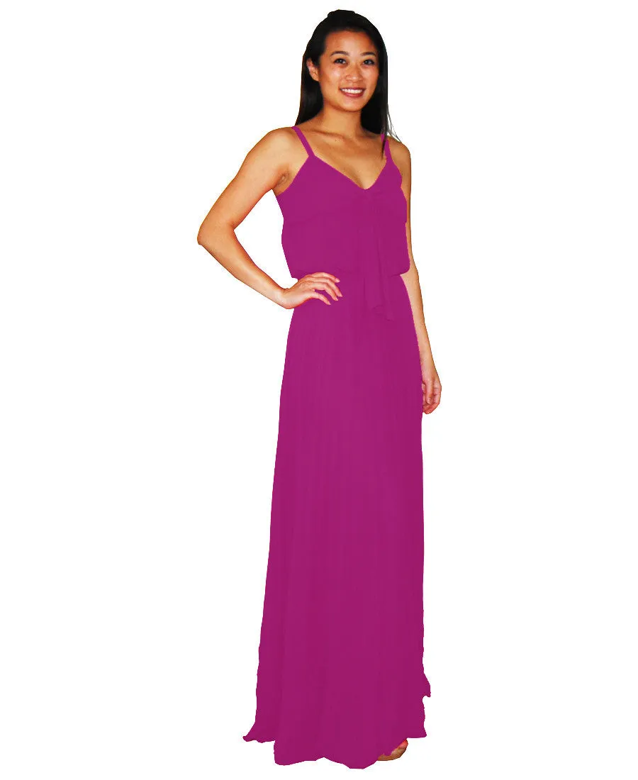 Bow Tie Chest Ruffle Maxi Dress Fuschia