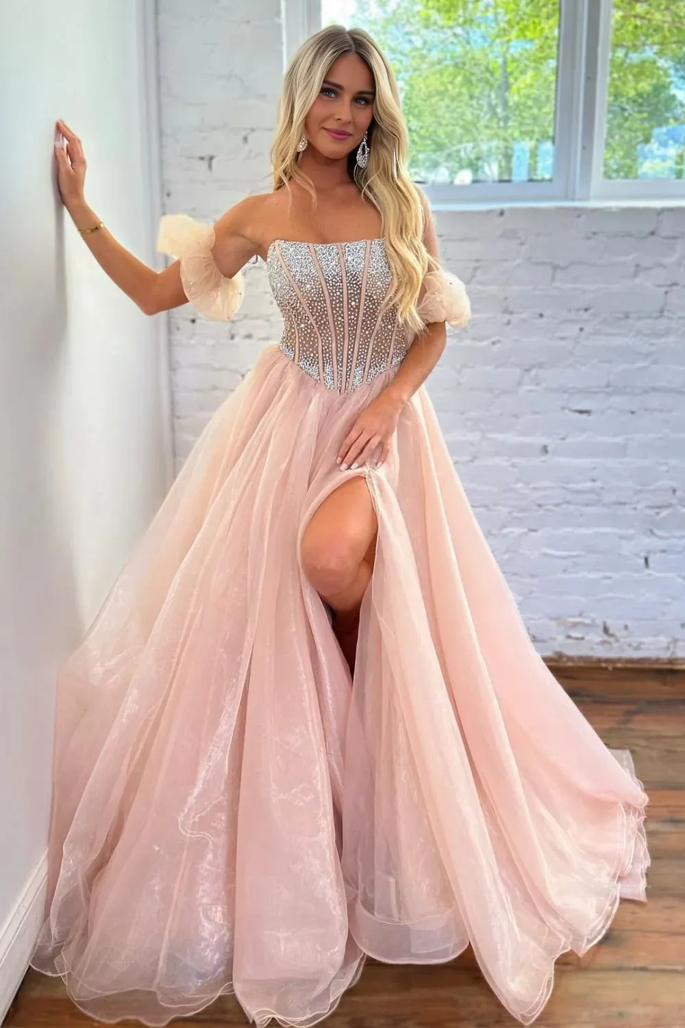 Brianna |A Line Strapless Blush Corset Organza Prom Dress