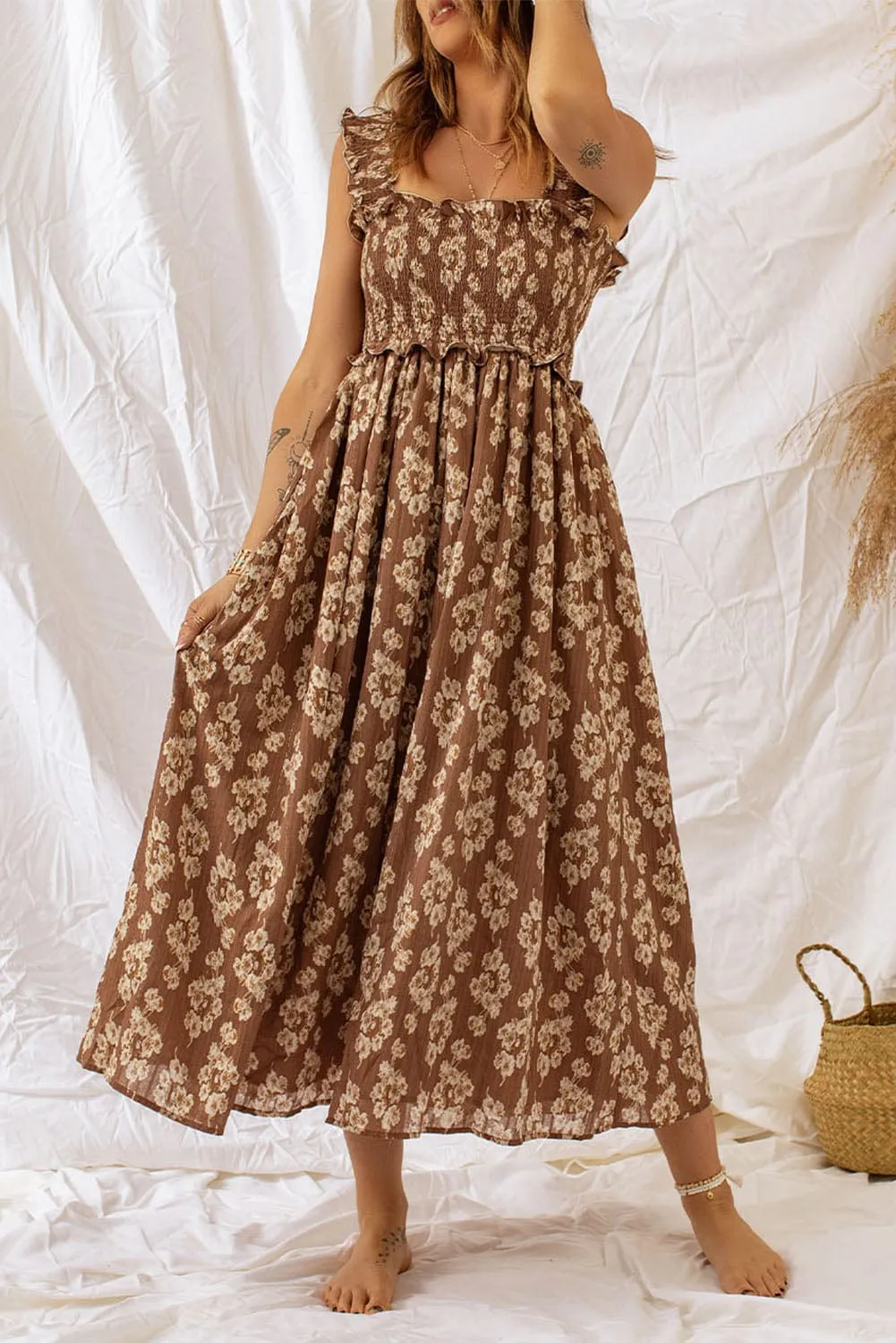 Brown Floral Maxi Dress with Smocked Waist and Ruffled Straps