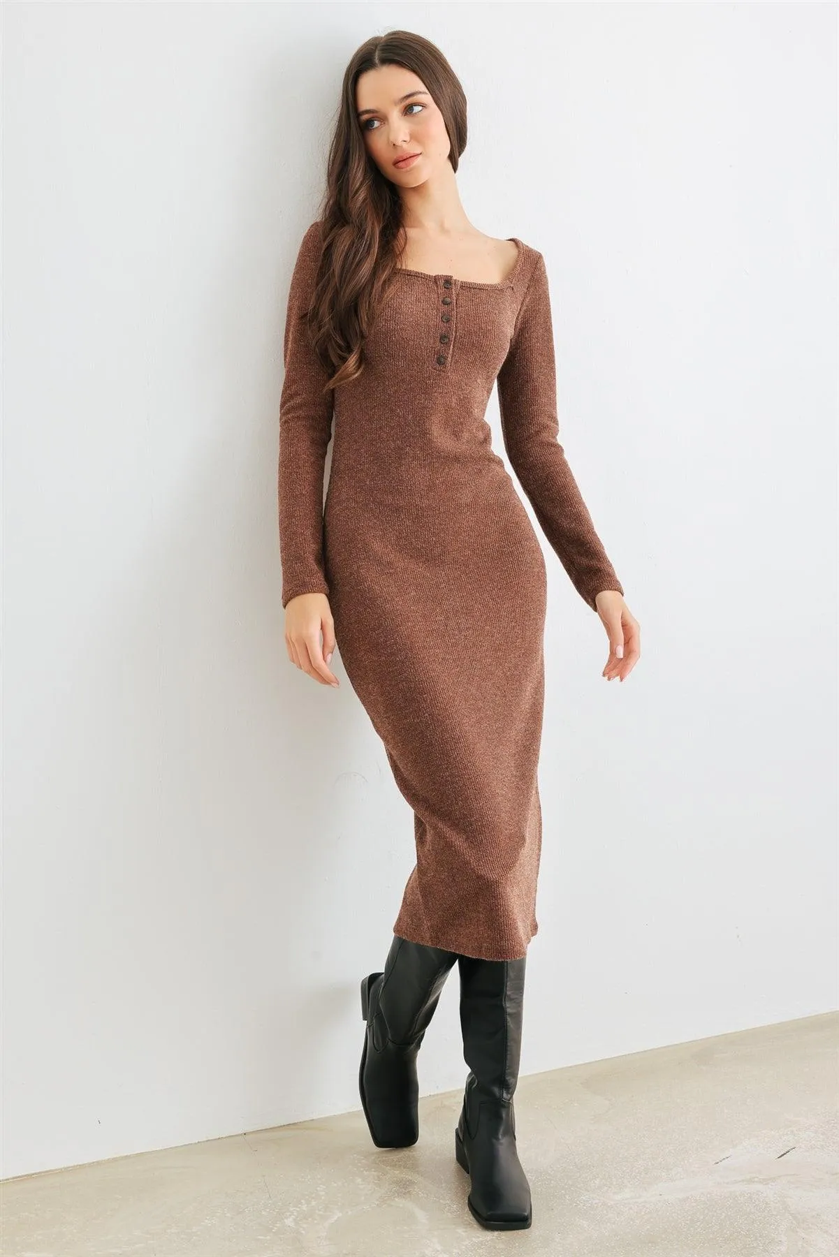 Brown Ribbed Knit Button Neck Slim Fit Midi Dress /2-2-3