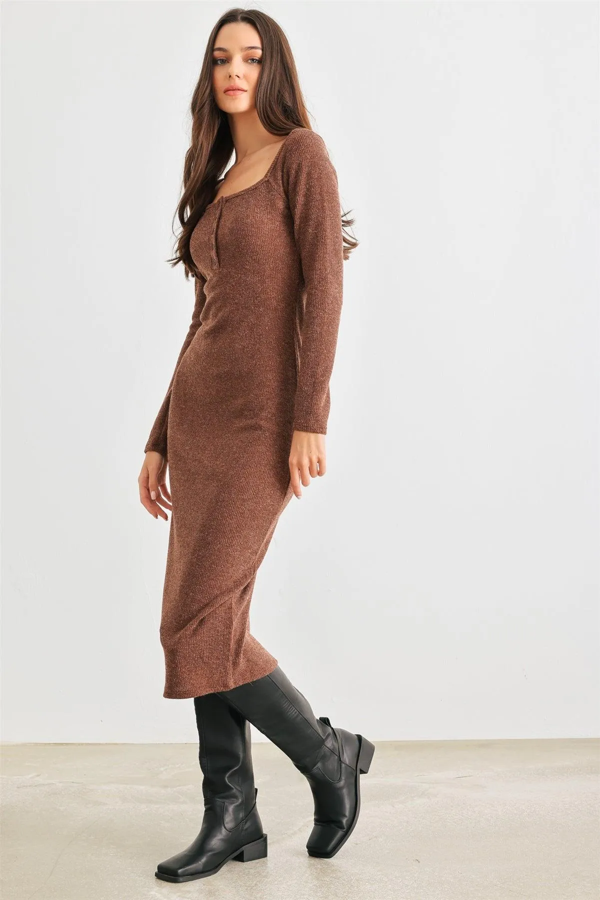 Brown Ribbed Knit Button Neck Slim Fit Midi Dress /2-2-3