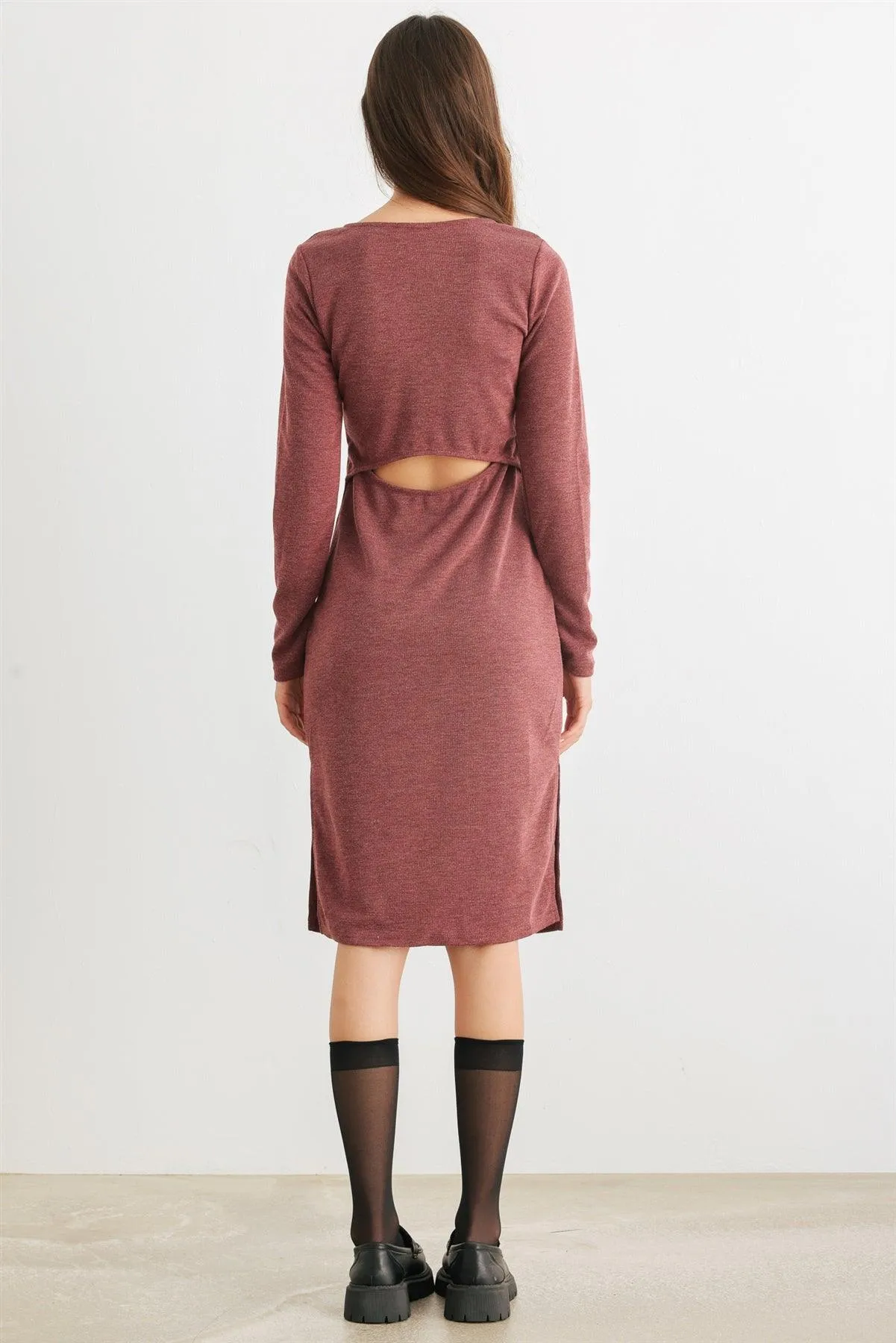 Burgundy Cut-Out Back Long Sleeve Midi Dress /1-1-1