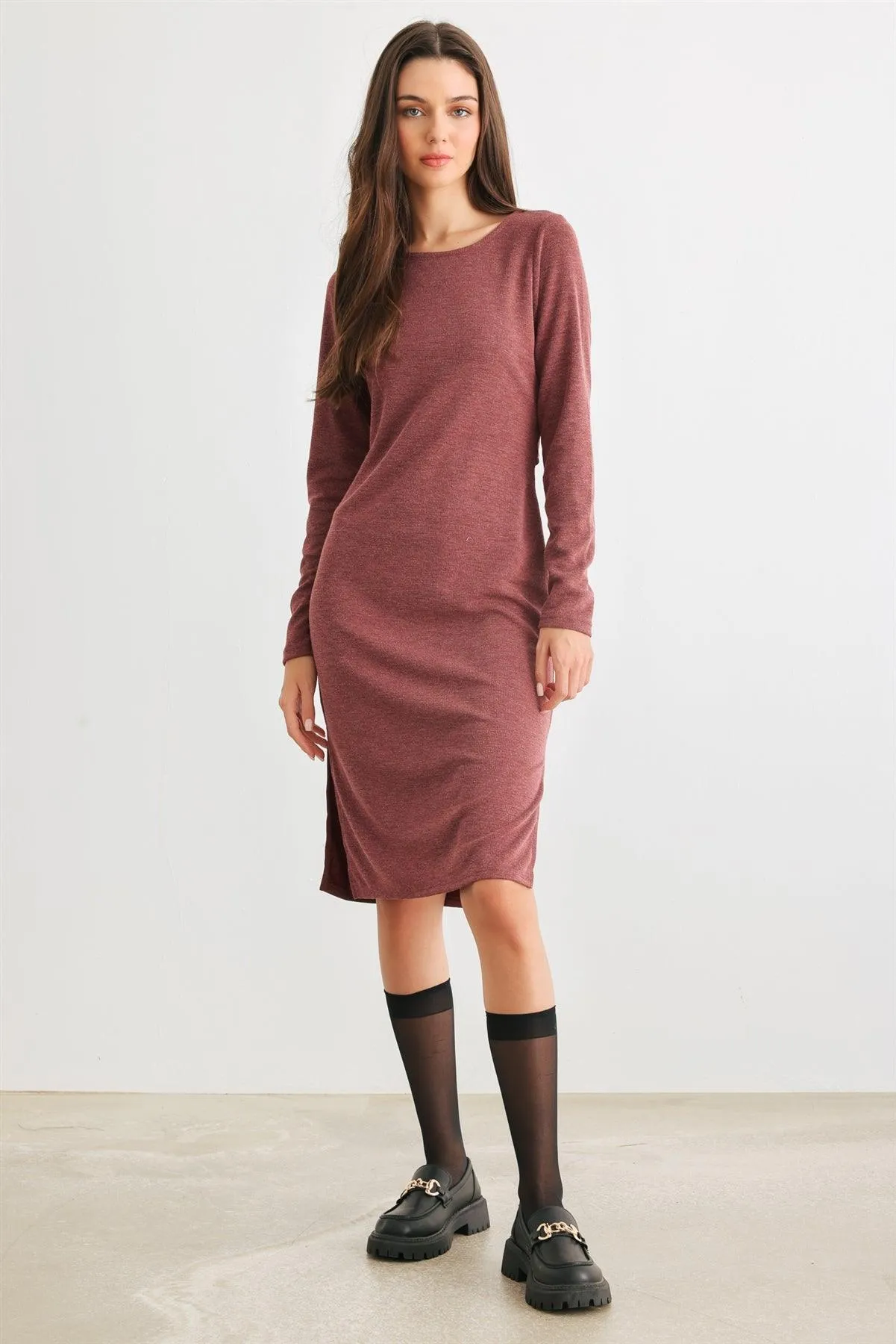 Burgundy Cut-Out Back Long Sleeve Midi Dress /1-1-1