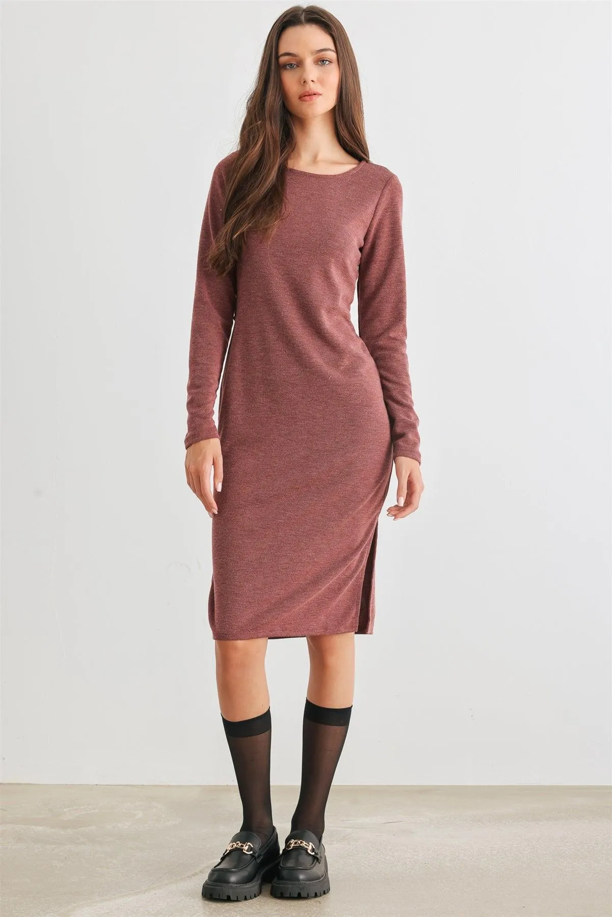 Burgundy Cut-Out Back Long Sleeve Midi Dress /1-1-1