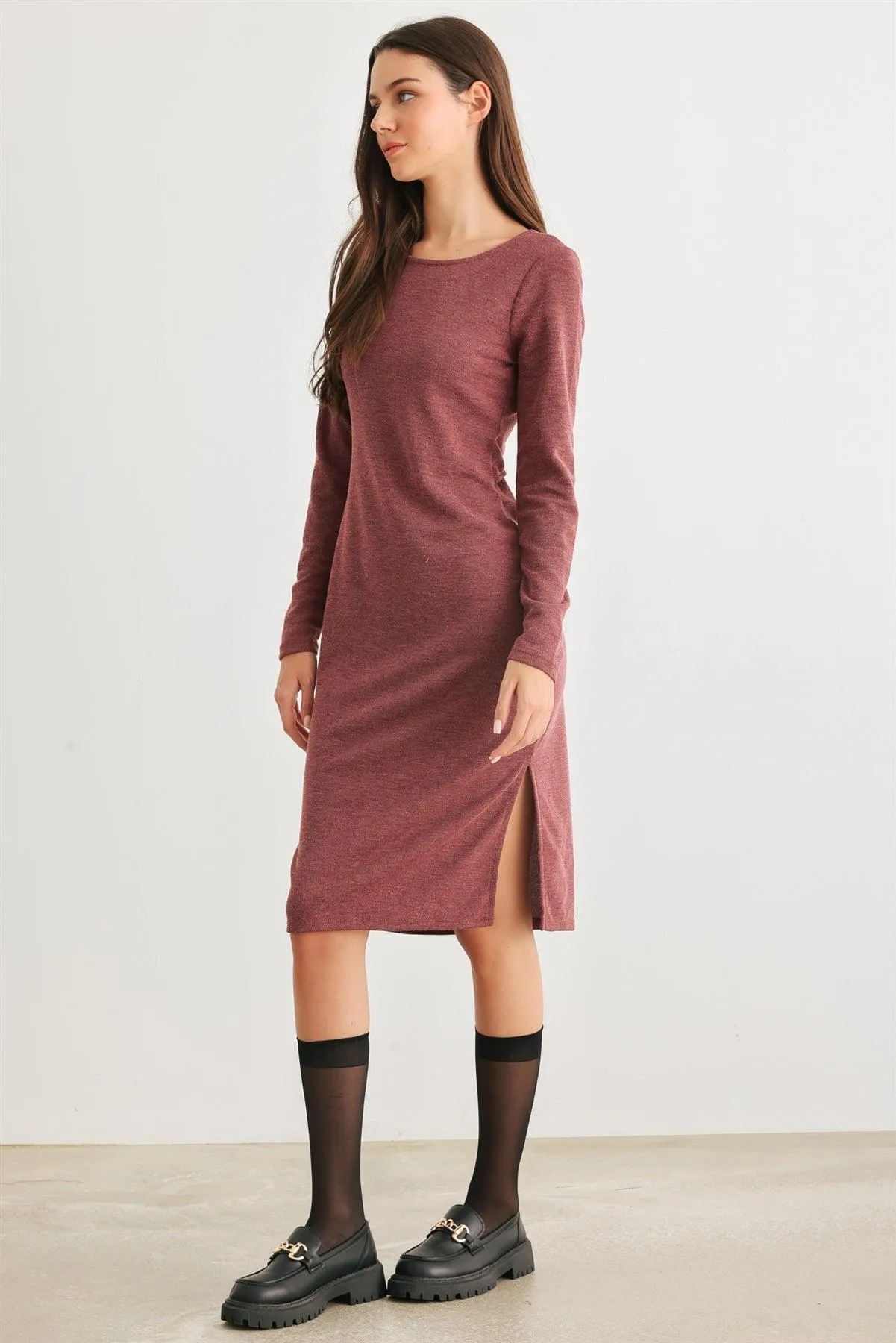 Burgundy Cut-Out Back Long Sleeve Midi Dress /1-1-1