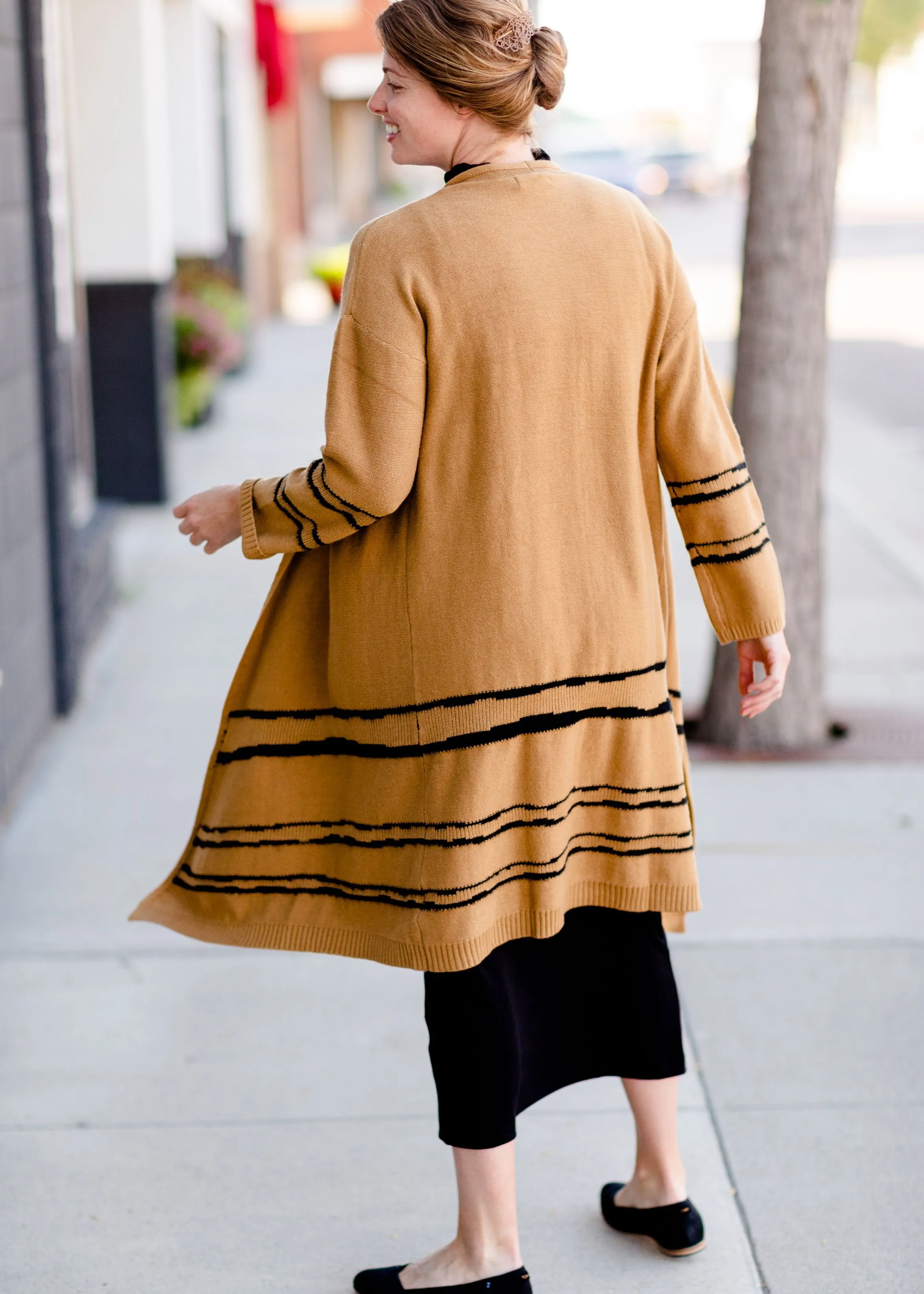 Camel   Black Print Long Cozy Cardigan