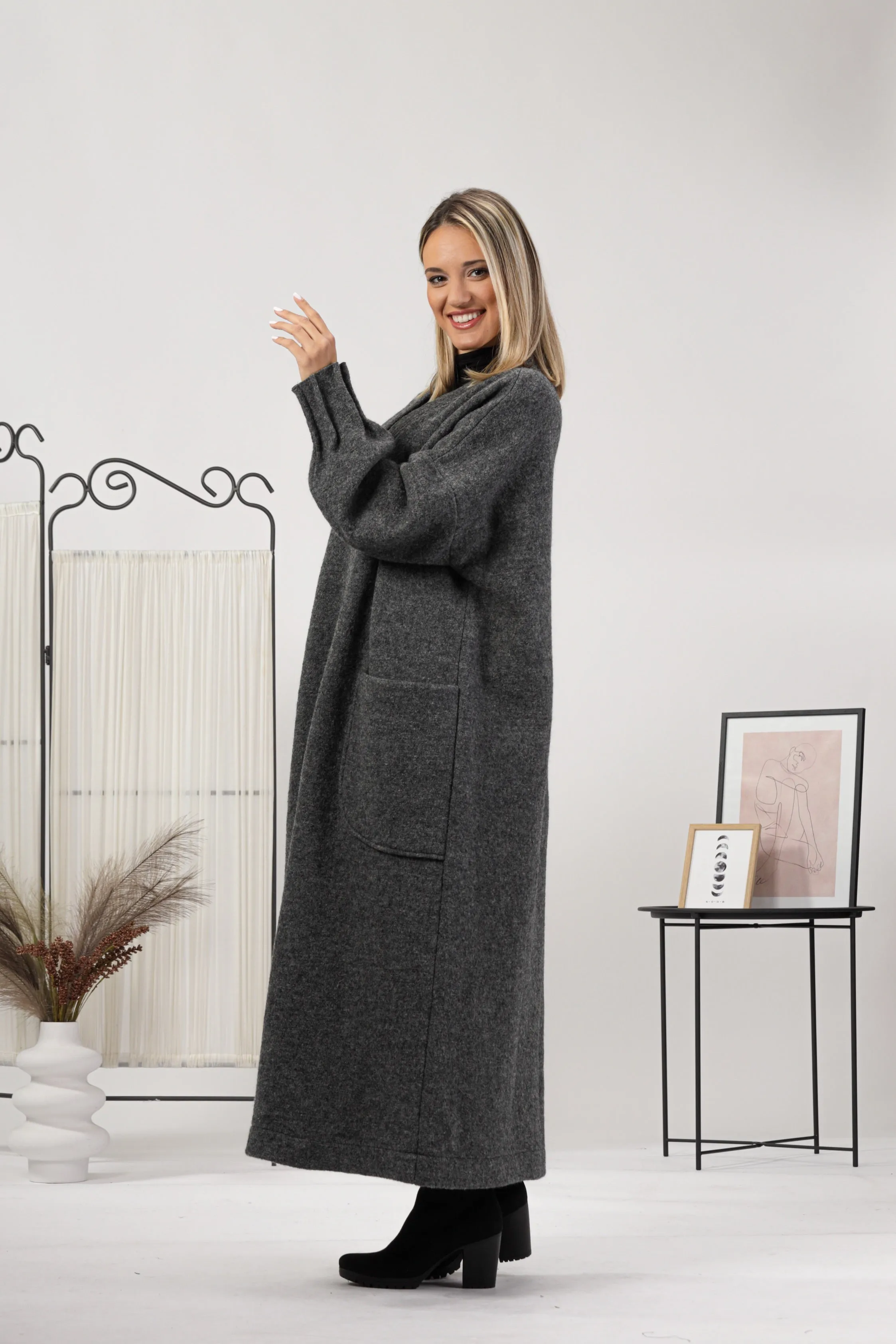 Charcoal Warm Wool Maxi Cardigan