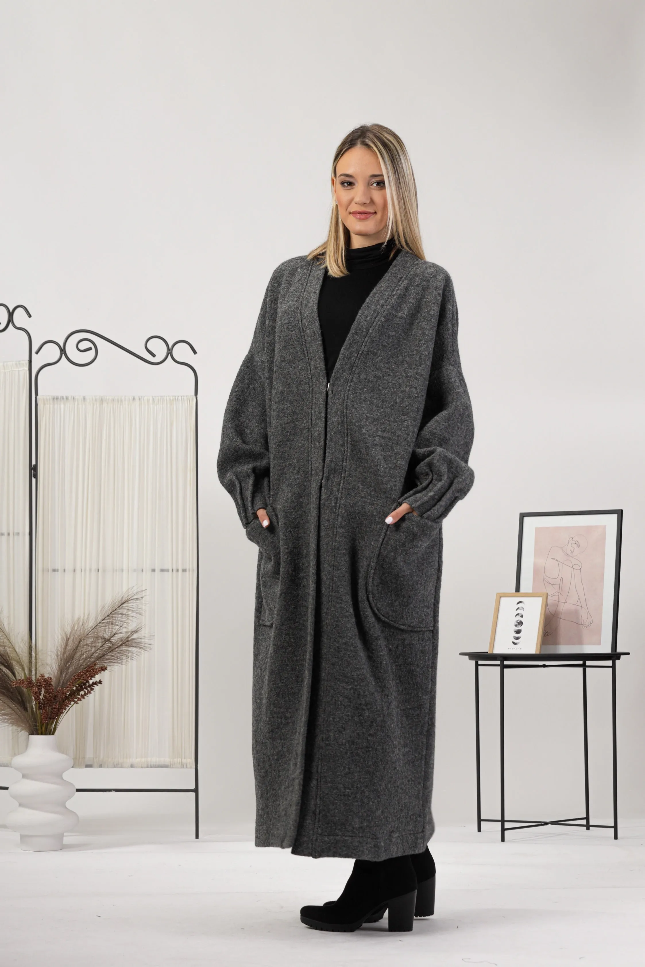 Charcoal Warm Wool Maxi Cardigan