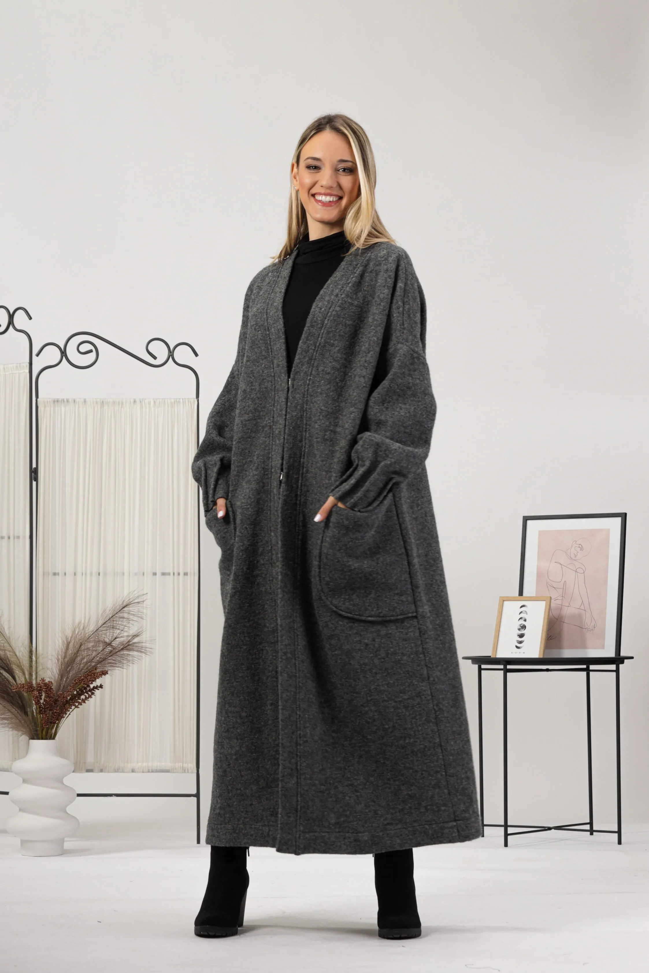 Charcoal Warm Wool Maxi Cardigan