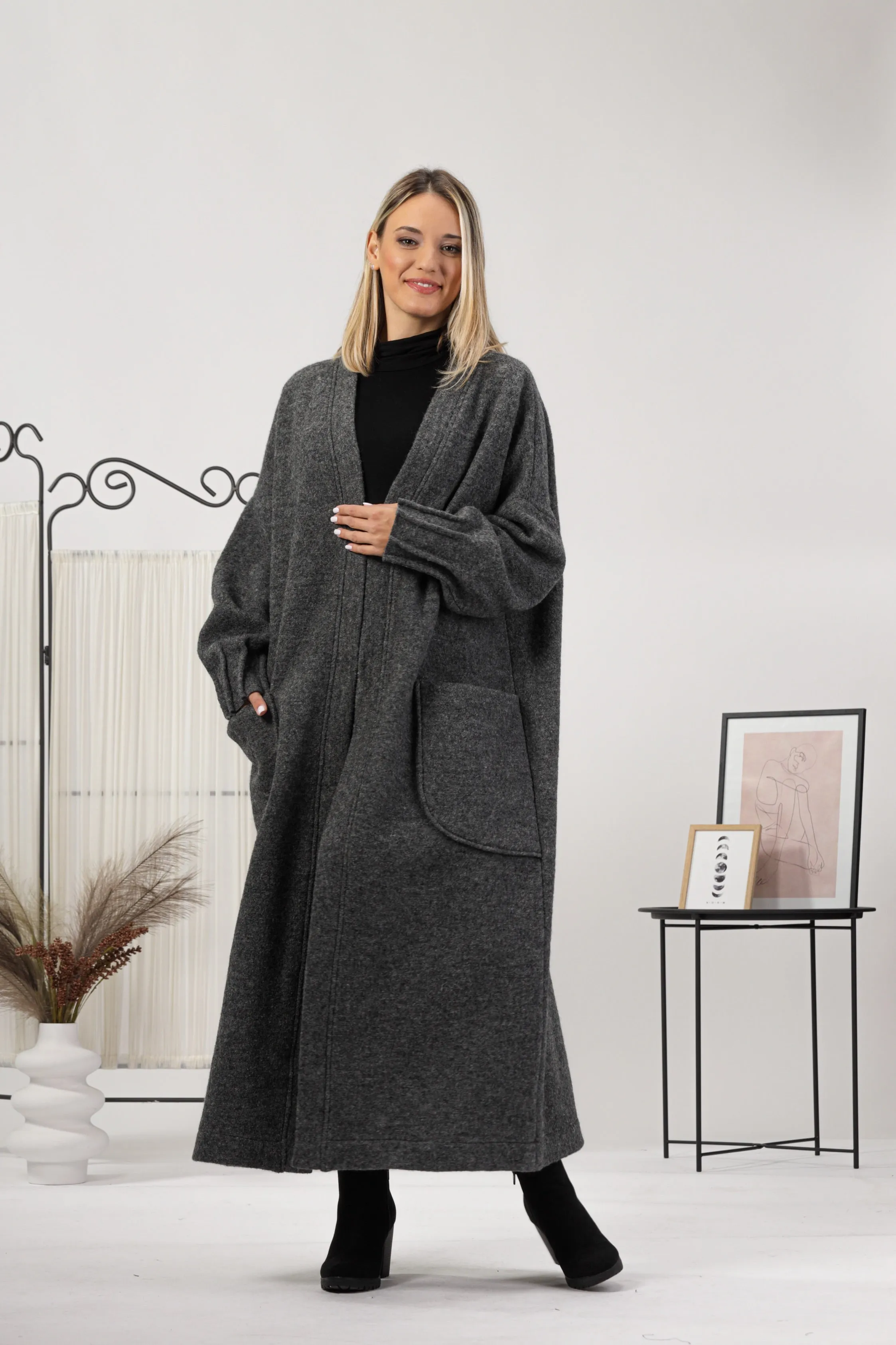 Charcoal Warm Wool Maxi Cardigan