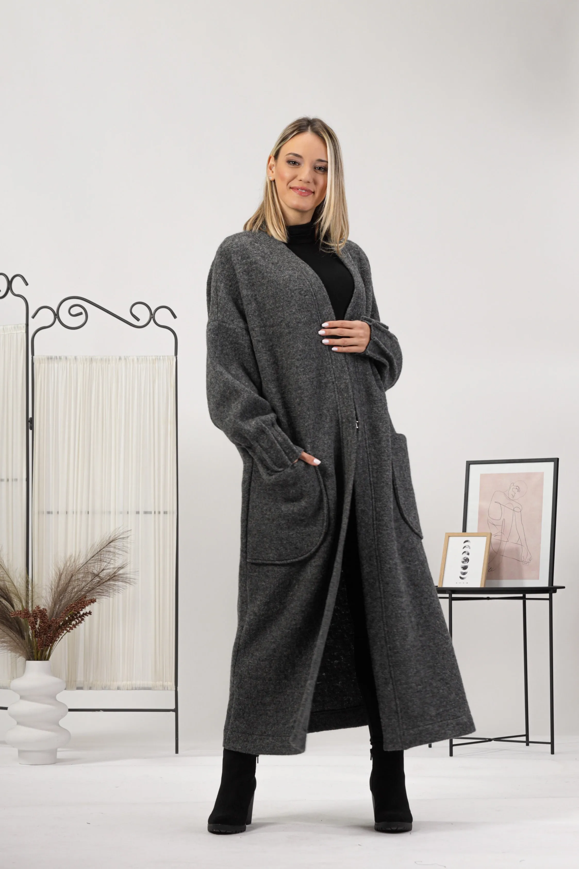 Charcoal Warm Wool Maxi Cardigan