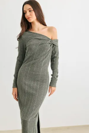 Dark Olive Ribbed Knit One Shoulder Long Sleeve Twist Detail Midi Dress /2-2-4