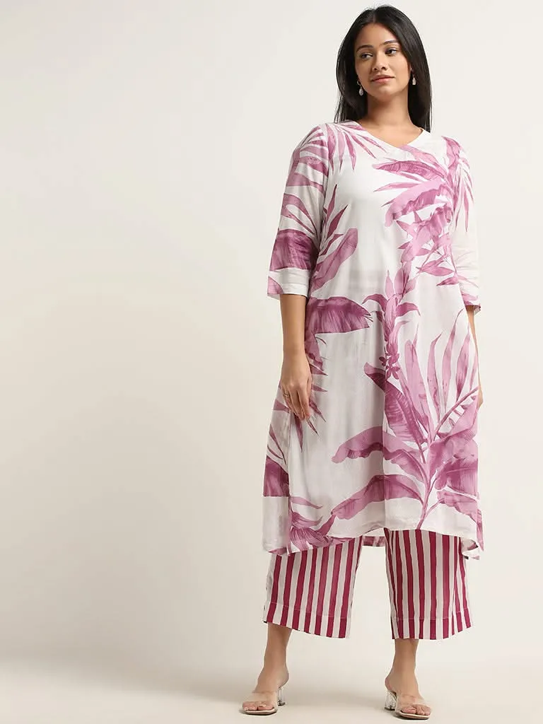 Diza Lilac Leaf-Printed A-Line Kurta