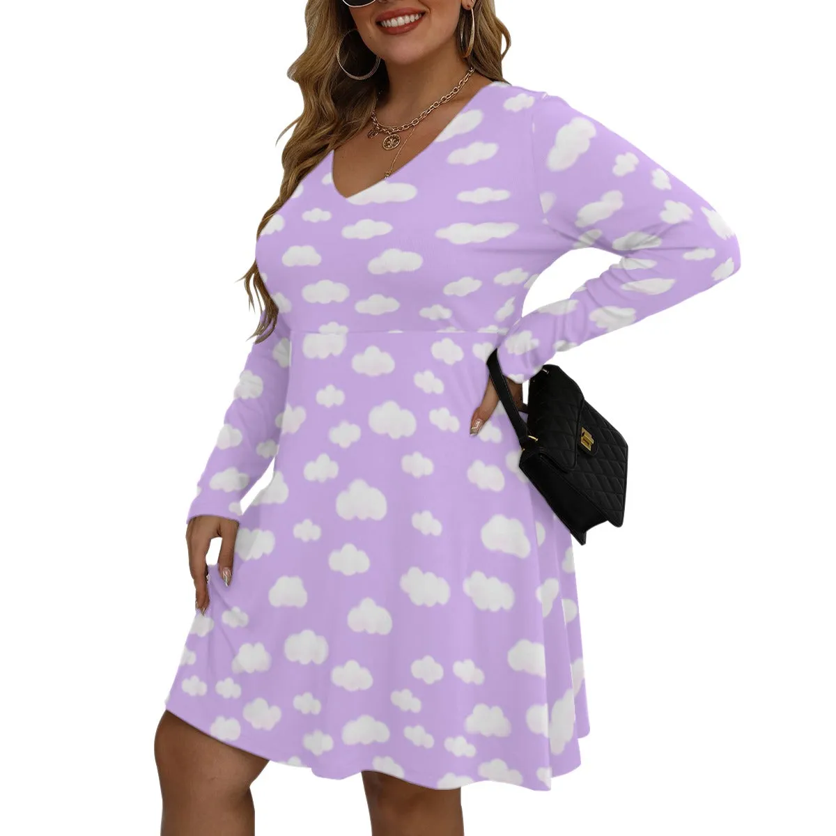 Dreamy Clouds (Lilac) Women's V-Neck Long Sleeve Dress (Plus Size)