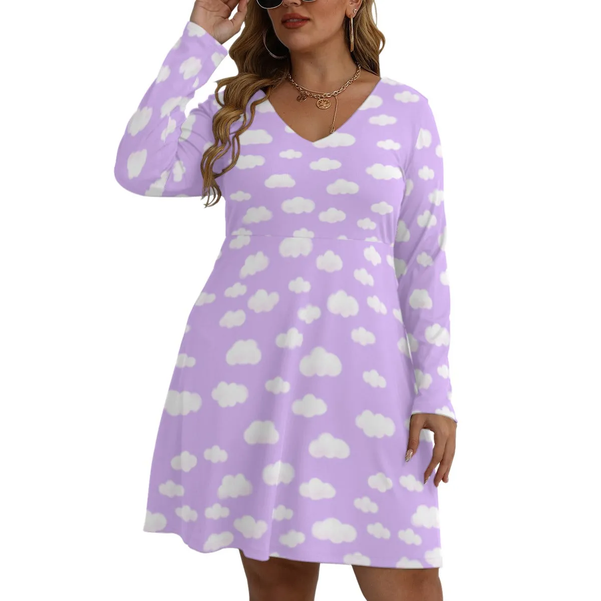 Dreamy Clouds (Lilac) Women's V-Neck Long Sleeve Dress (Plus Size)