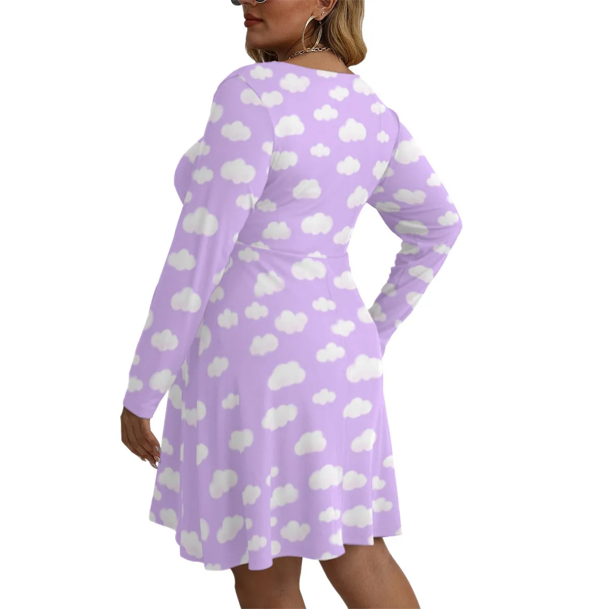 Dreamy Clouds (Lilac) Women's V-Neck Long Sleeve Dress (Plus Size)